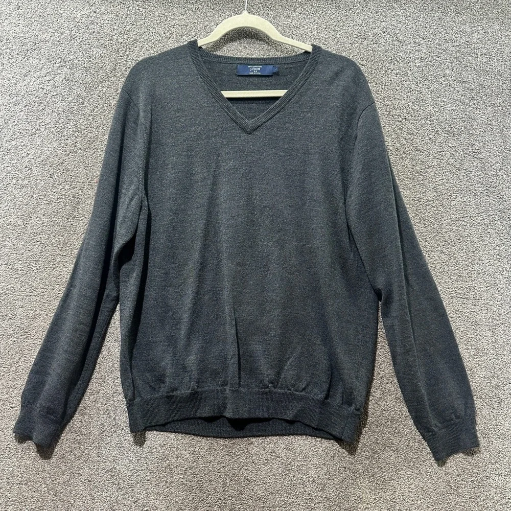 J Crew Pullover V Neck Sweater Men Large Gray 100% Merino Wool‎ Preppy Classic